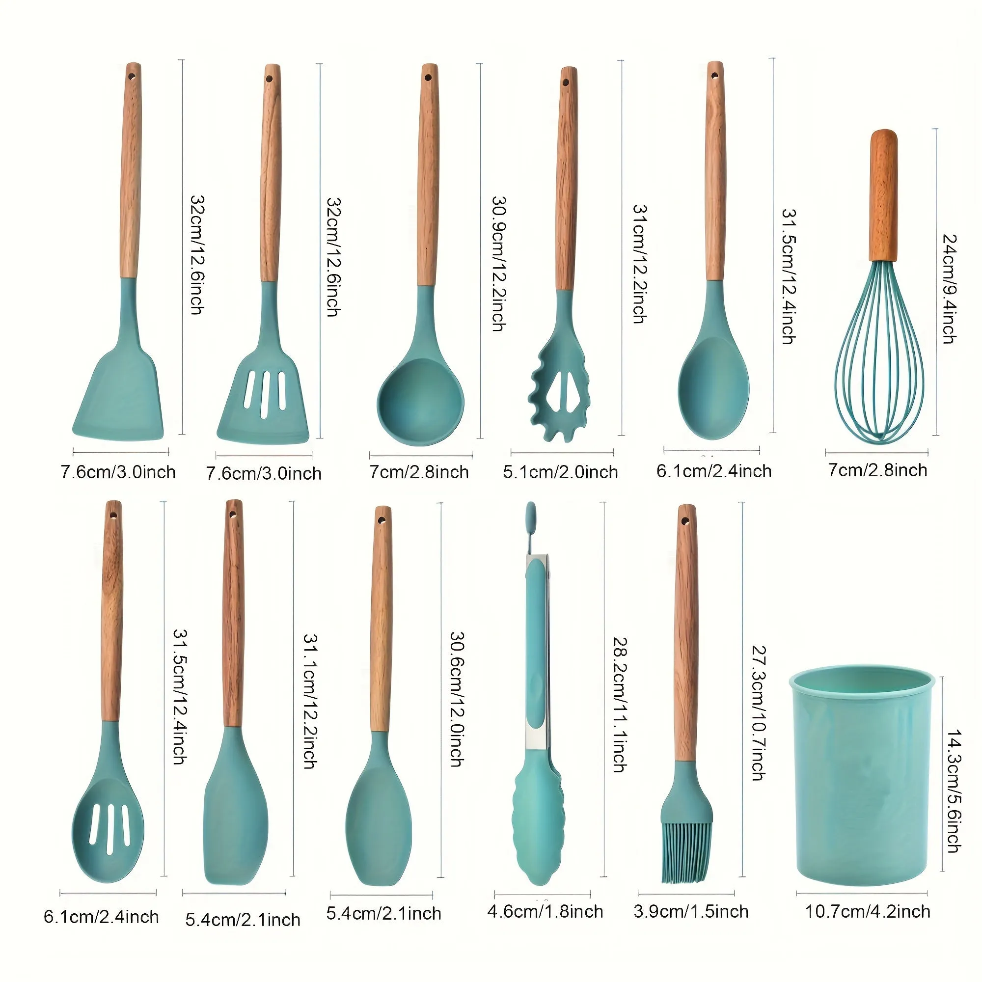 12-Piece Premium Silicone Cooking Utensils Set - Heat-Resistant, Non-Stick Friendly, Ergonomic Wooden Handle, BPA-Free Kitchen Essentials with Holder - Perfect for Cooking, Baking, Grilling, and Serving