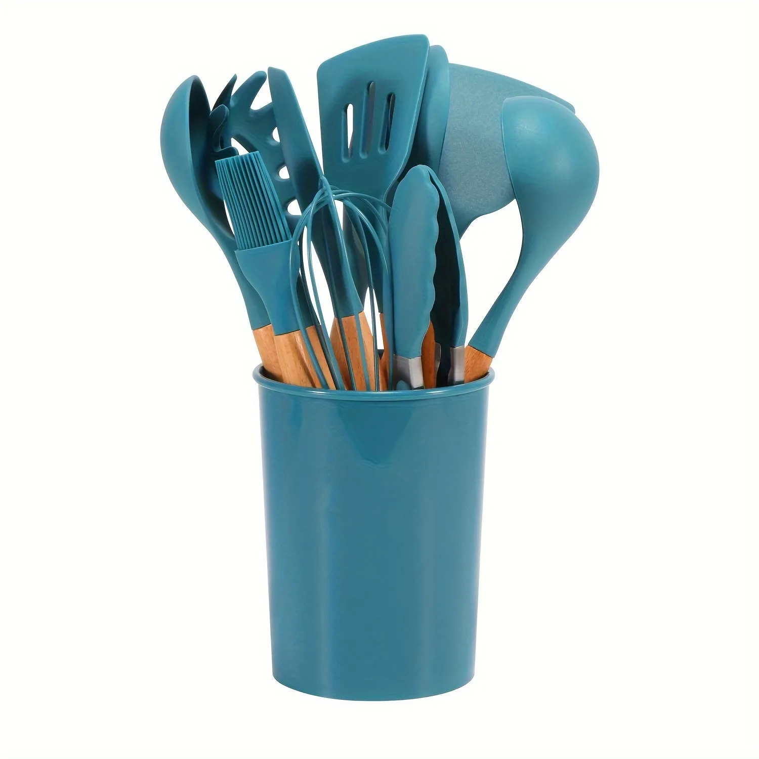 12-Piece Premium Silicone Cooking Utensils Set - Heat-Resistant, Non-Stick Friendly, Ergonomic Wooden Handle, BPA-Free Kitchen Essentials with Holder - Perfect for Cooking, Baking, Grilling, and Serving