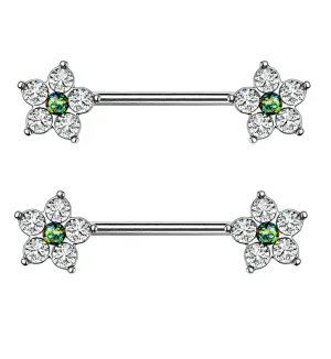 14G Dark Green Opalite & CZ Nipple Ring Barbell