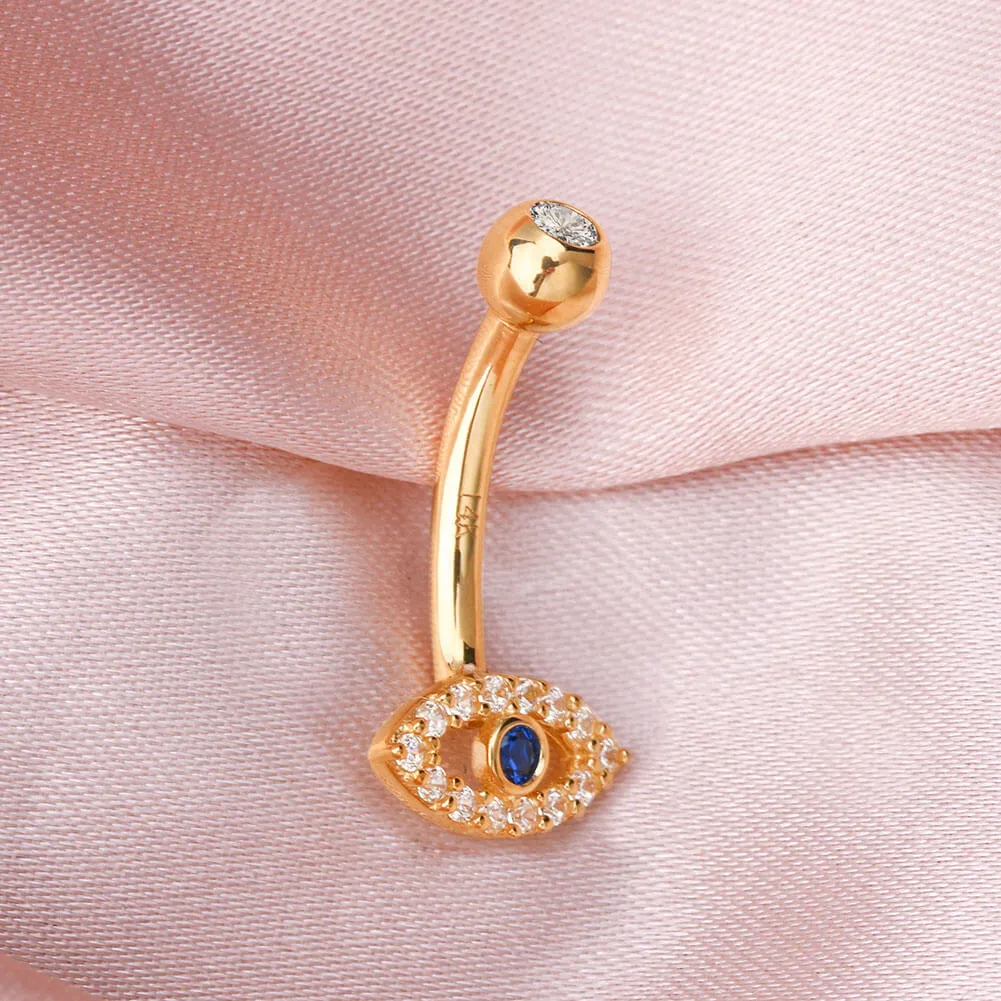 14K Gold Blue CZ Evil Eye Belly Ring 14G Belly Button Ring