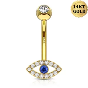 14K Gold Blue CZ Evil Eye Belly Ring 14G Belly Button Ring