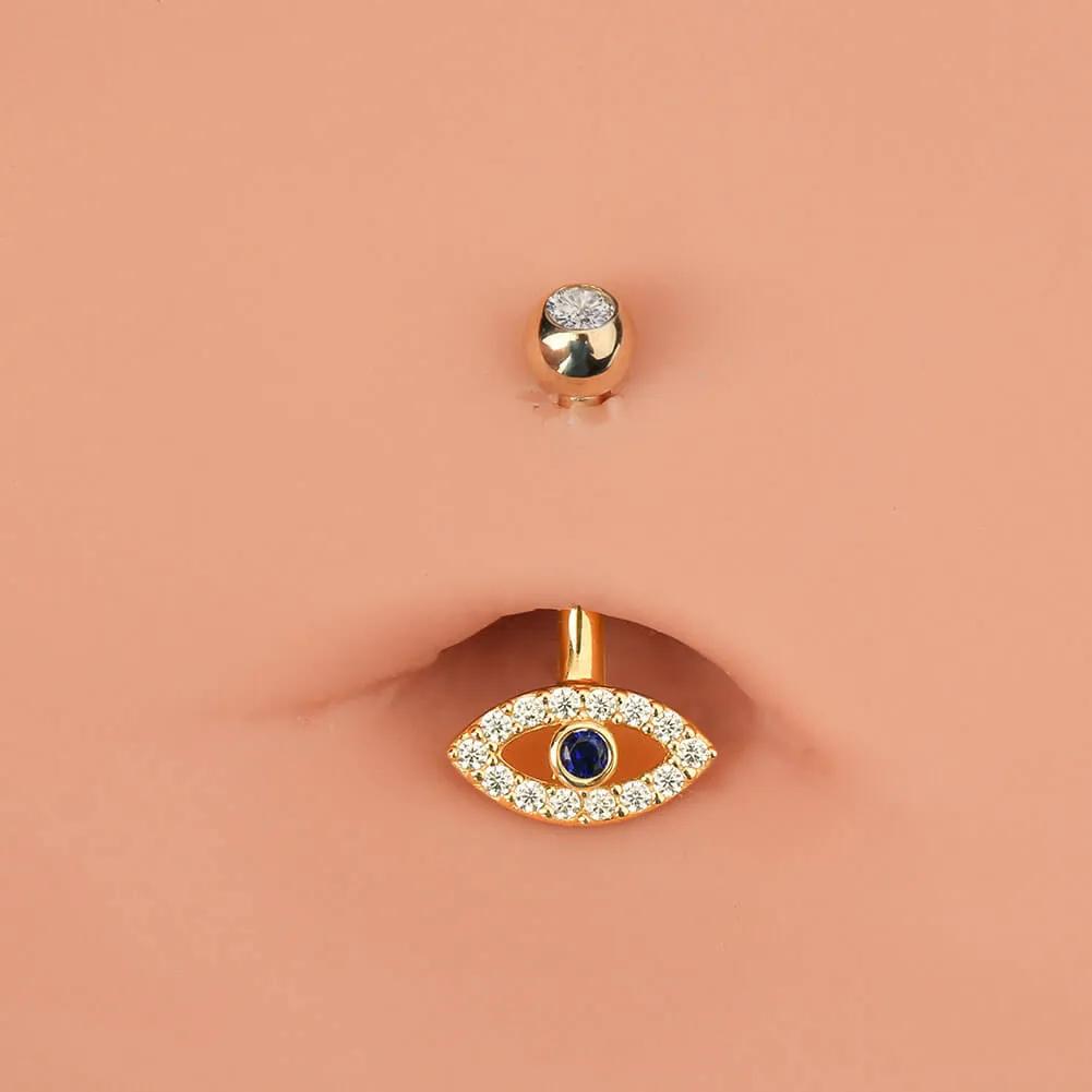 14K Gold Blue CZ Evil Eye Belly Ring 14G Belly Button Ring