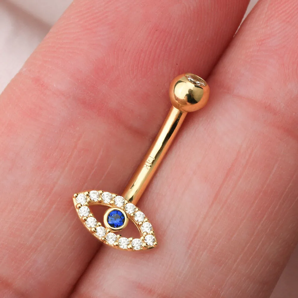 14K Gold Blue CZ Evil Eye Belly Ring 14G Belly Button Ring