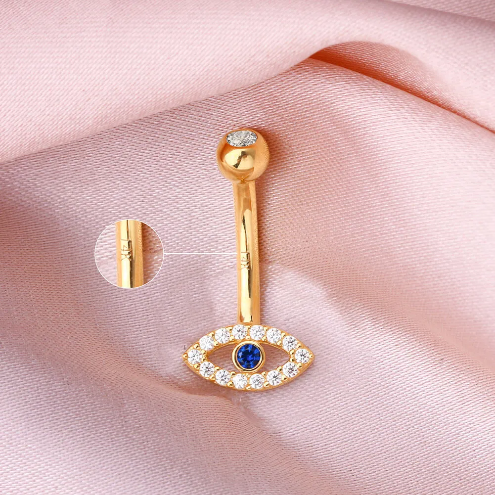 14K Gold Blue CZ Evil Eye Belly Ring 14G Belly Button Ring