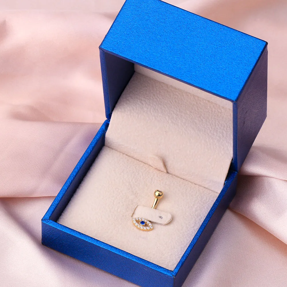 14K Gold Blue CZ Evil Eye Belly Ring 14G Belly Button Ring