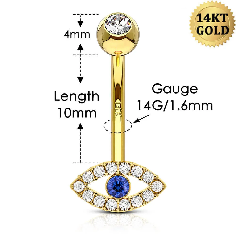 14K Gold Blue CZ Evil Eye Belly Ring 14G Belly Button Ring