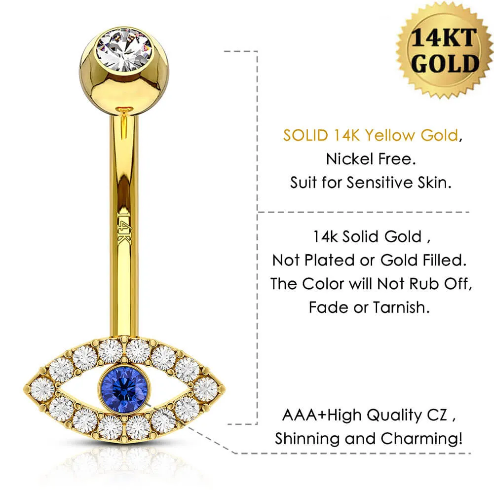 14K Gold Blue CZ Evil Eye Belly Ring 14G Belly Button Ring