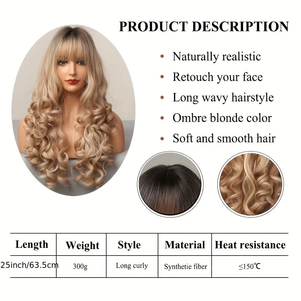 26 Inch Long Ombre Synthetic Wig with Dark Roots - Luxurious Loose Wavy Style for Women - Heat-resistant & Natural-looking - Perfect for Daily Wear, Parties, and Cosplay - Adjustable Cap