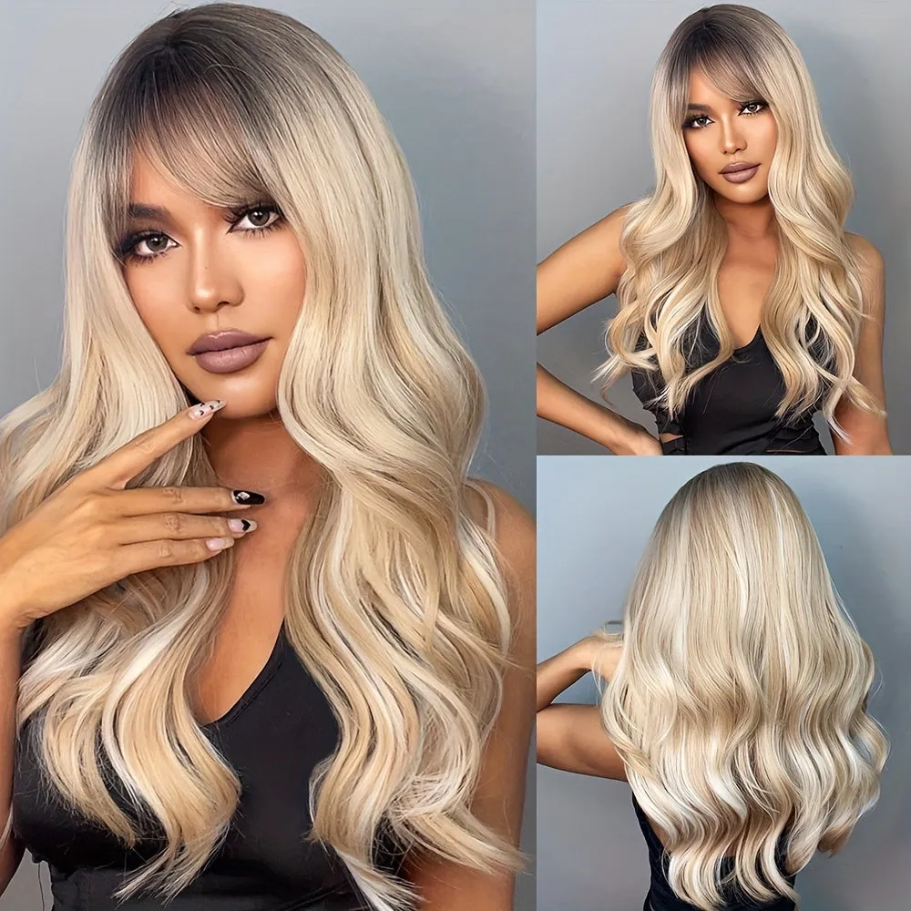 26 Inch Long Ombre Synthetic Wig with Dark Roots - Luxurious Loose Wavy Style for Women - Heat-resistant & Natural-looking - Perfect for Daily Wear, Parties, and Cosplay - Adjustable Cap