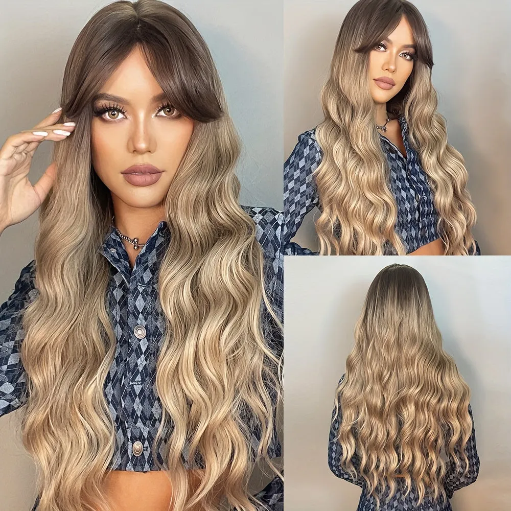 26 Inch Long Ombre Synthetic Wig with Dark Roots - Luxurious Loose Wavy Style for Women - Heat-resistant & Natural-looking - Perfect for Daily Wear, Parties, and Cosplay - Adjustable Cap