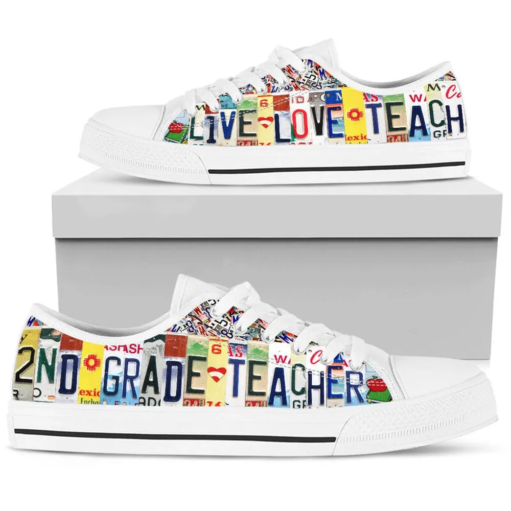 2Nd Grade Live Love License Plates Low Top Shoes, Teacher Shoes, Low Top Sneakers