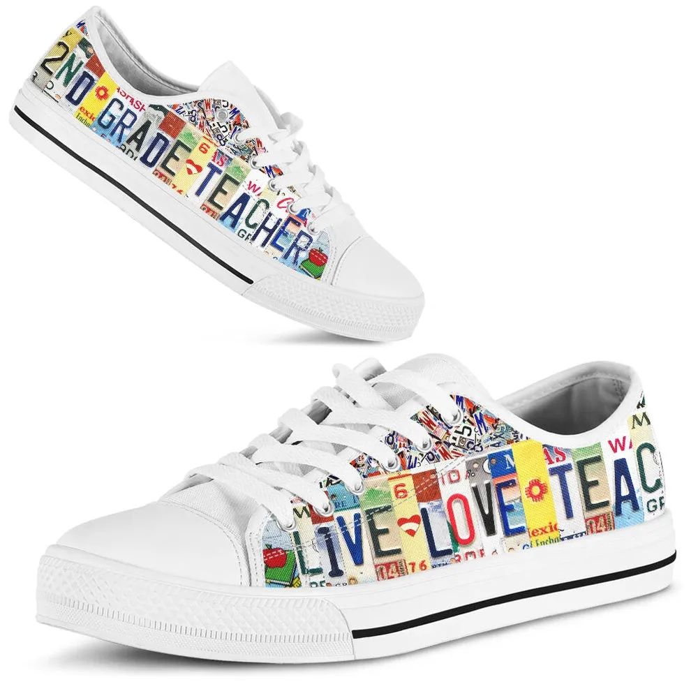 2Nd Grade Live Love License Plates Low Top Shoes, Teacher Shoes, Low Top Sneakers