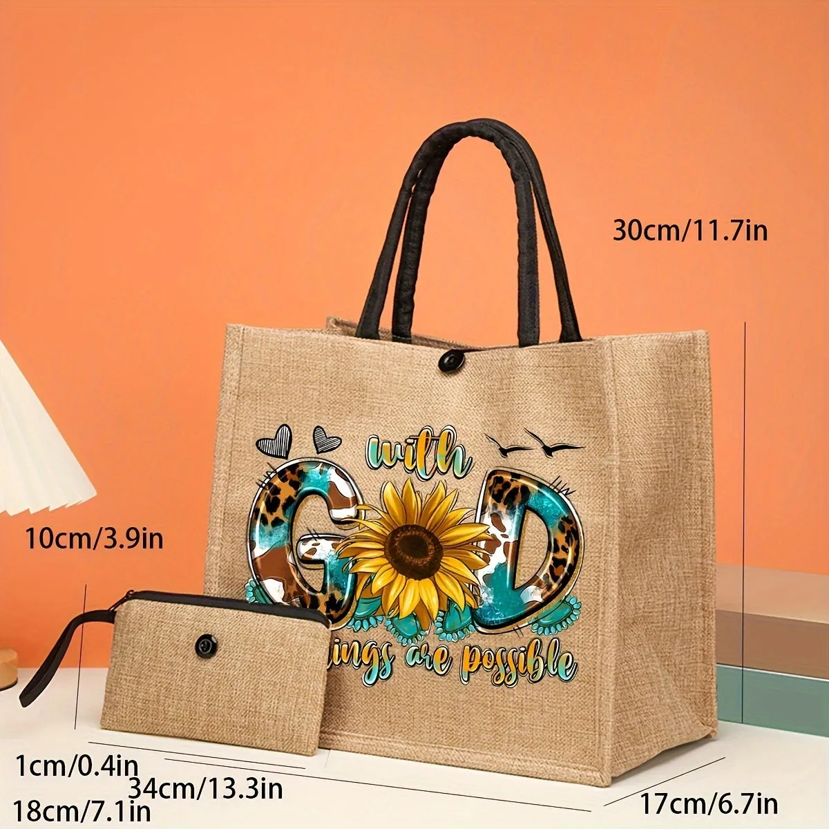 2pcs Burlap Fashion tote Bags - God Heat Letter Print, Large Capacity Shoulder Bag Set with Stylish Coin Purse - Durable & Stylish