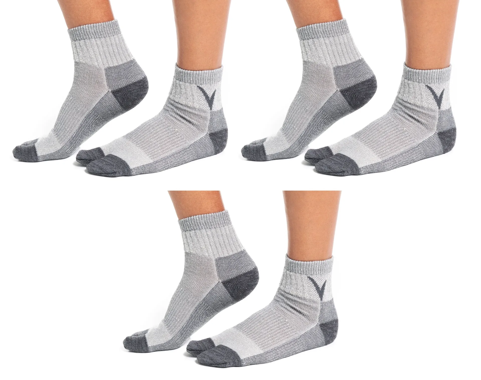 3 Pairs Wool Light Grey V-Toe Tabi Socks for Hiking or Casual Flip-Flops