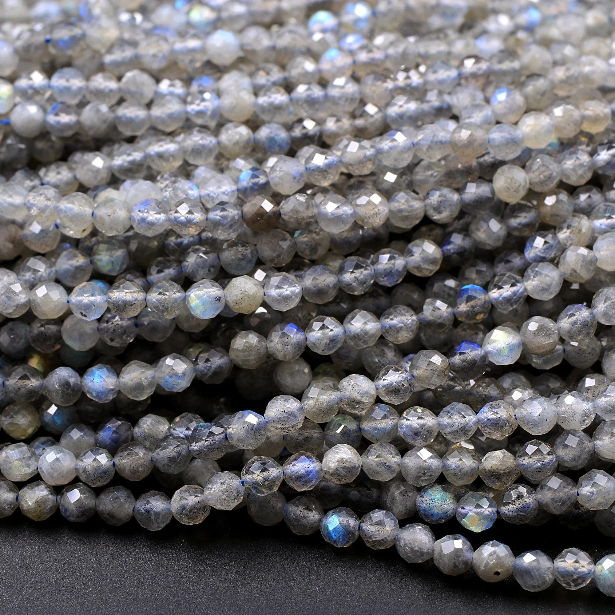 AA Grade Natural Labradorite 3mm 4mm Faceted Round Beads Micro Faceted Flashy Blue Labradorite Gemstone 16" Strand