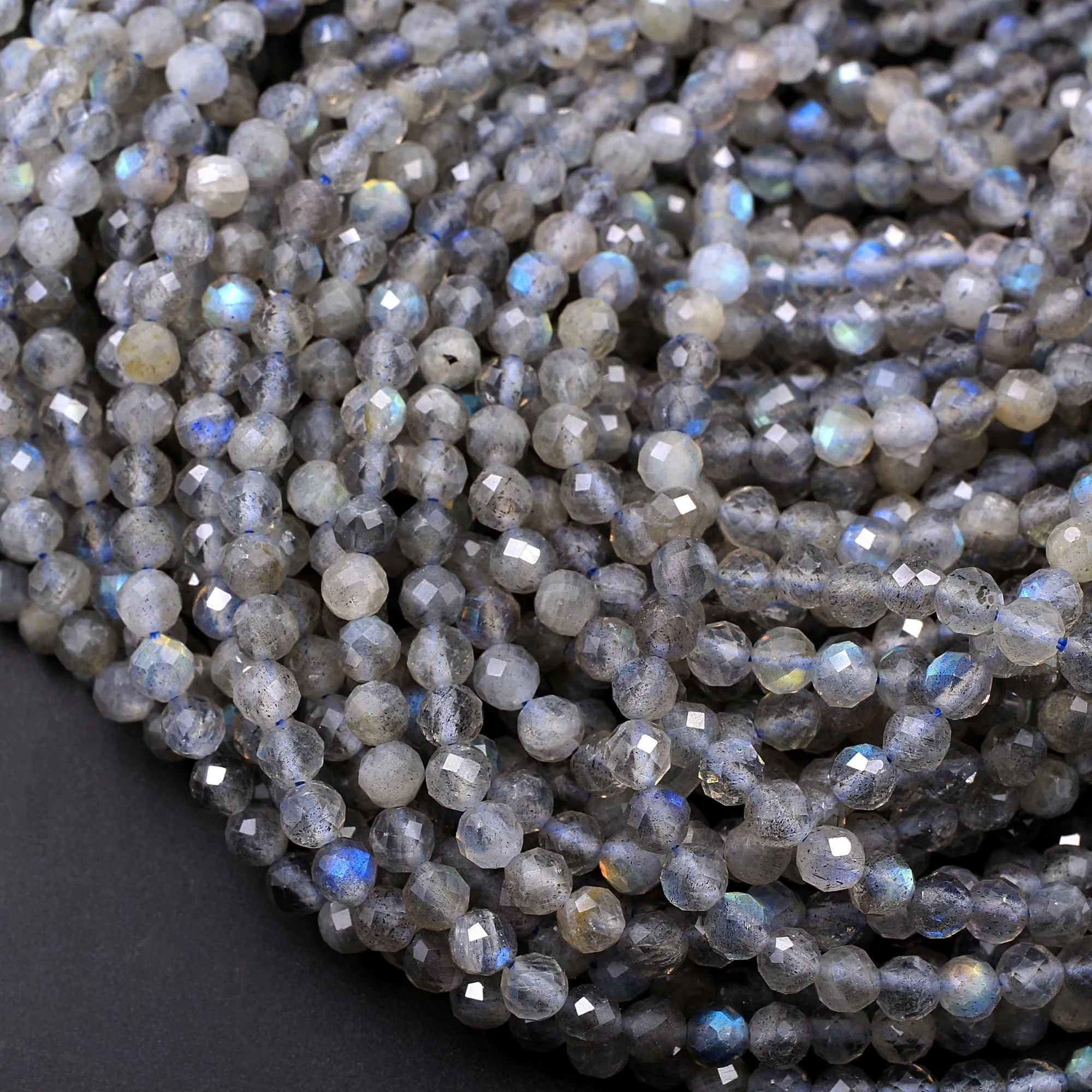 AA Grade Natural Labradorite 3mm 4mm Faceted Round Beads Micro Faceted Flashy Blue Labradorite Gemstone 16" Strand