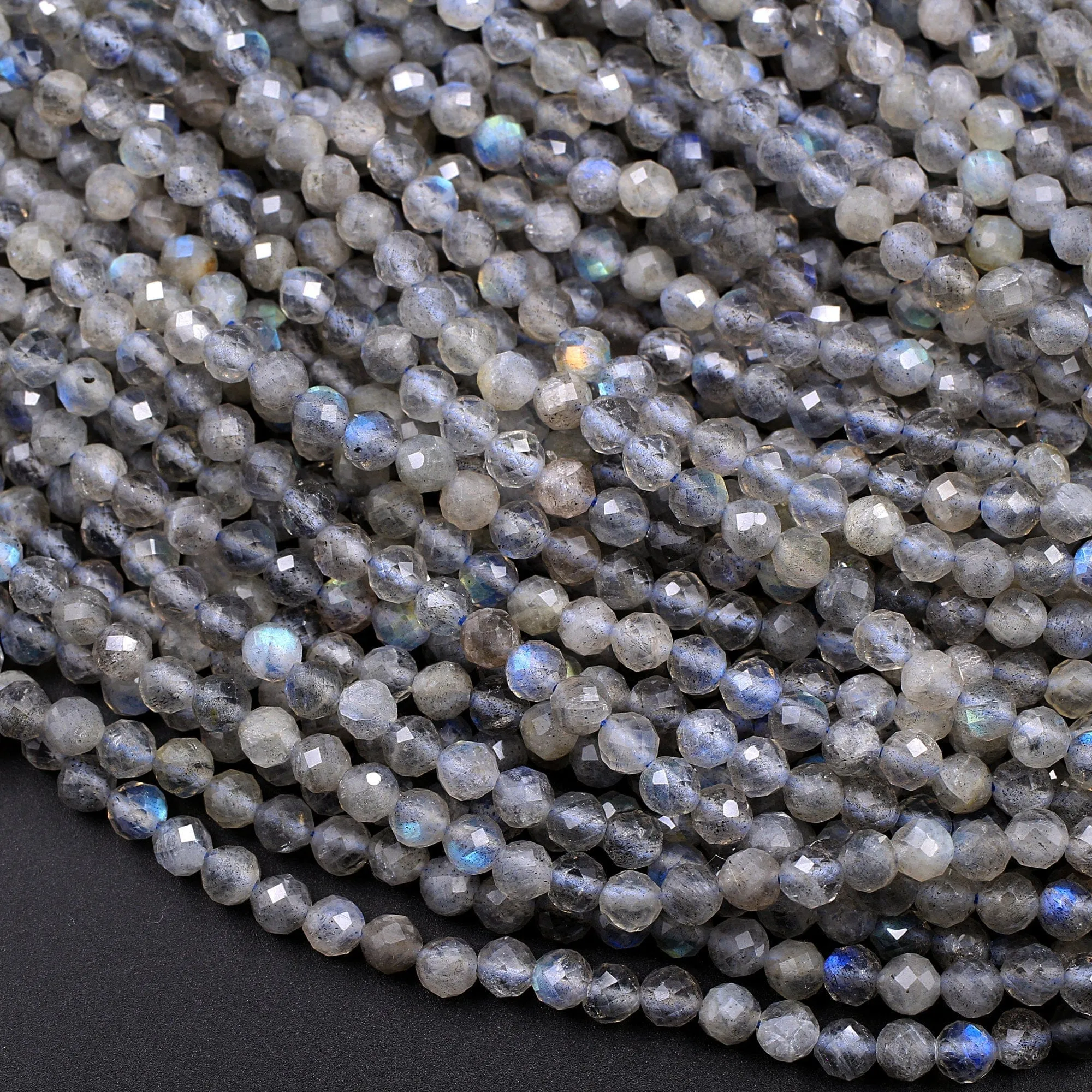 AA Grade Natural Labradorite 3mm 4mm Faceted Round Beads Micro Faceted Flashy Blue Labradorite Gemstone 16" Strand