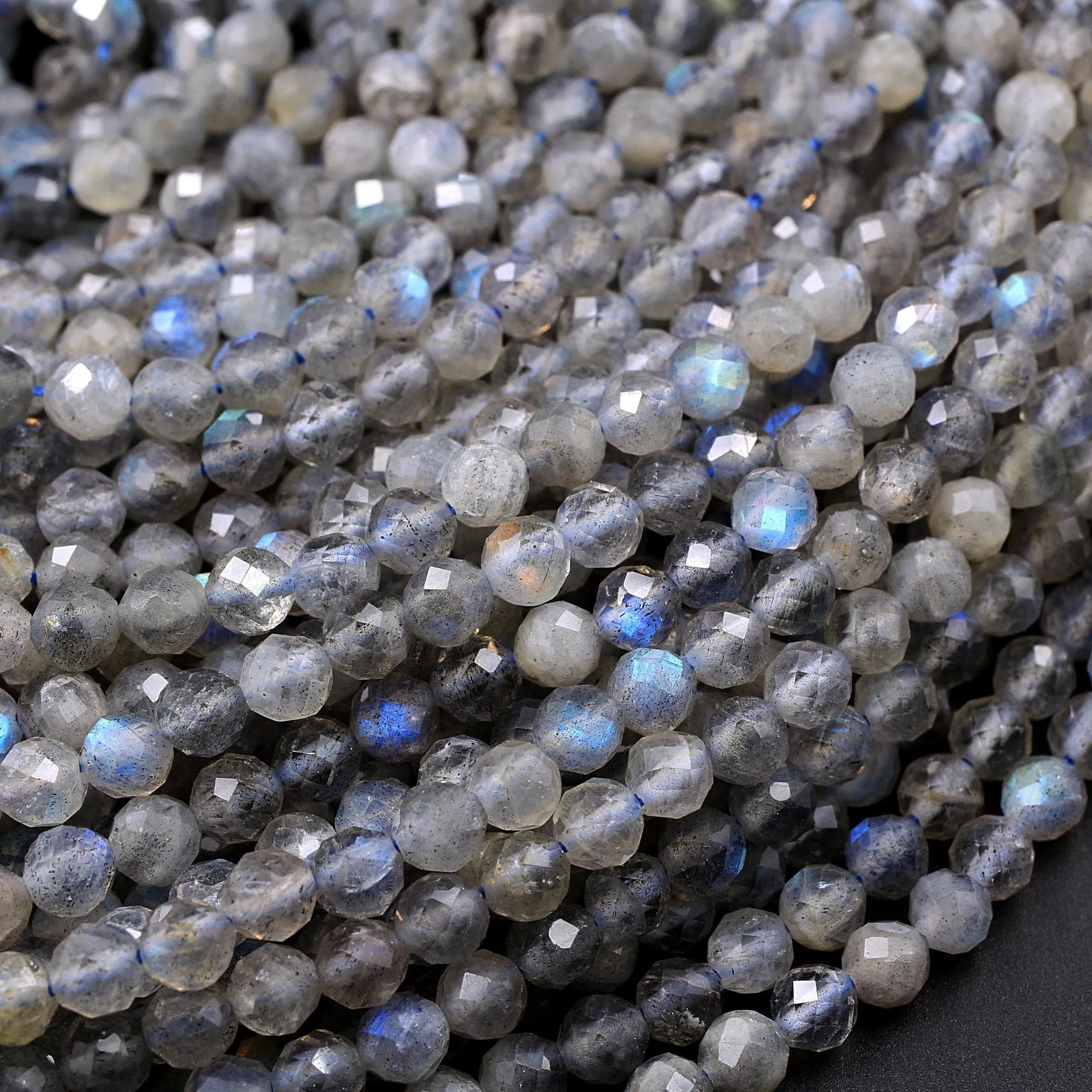 AA Grade Natural Labradorite 3mm 4mm Faceted Round Beads Micro Faceted Flashy Blue Labradorite Gemstone 16" Strand