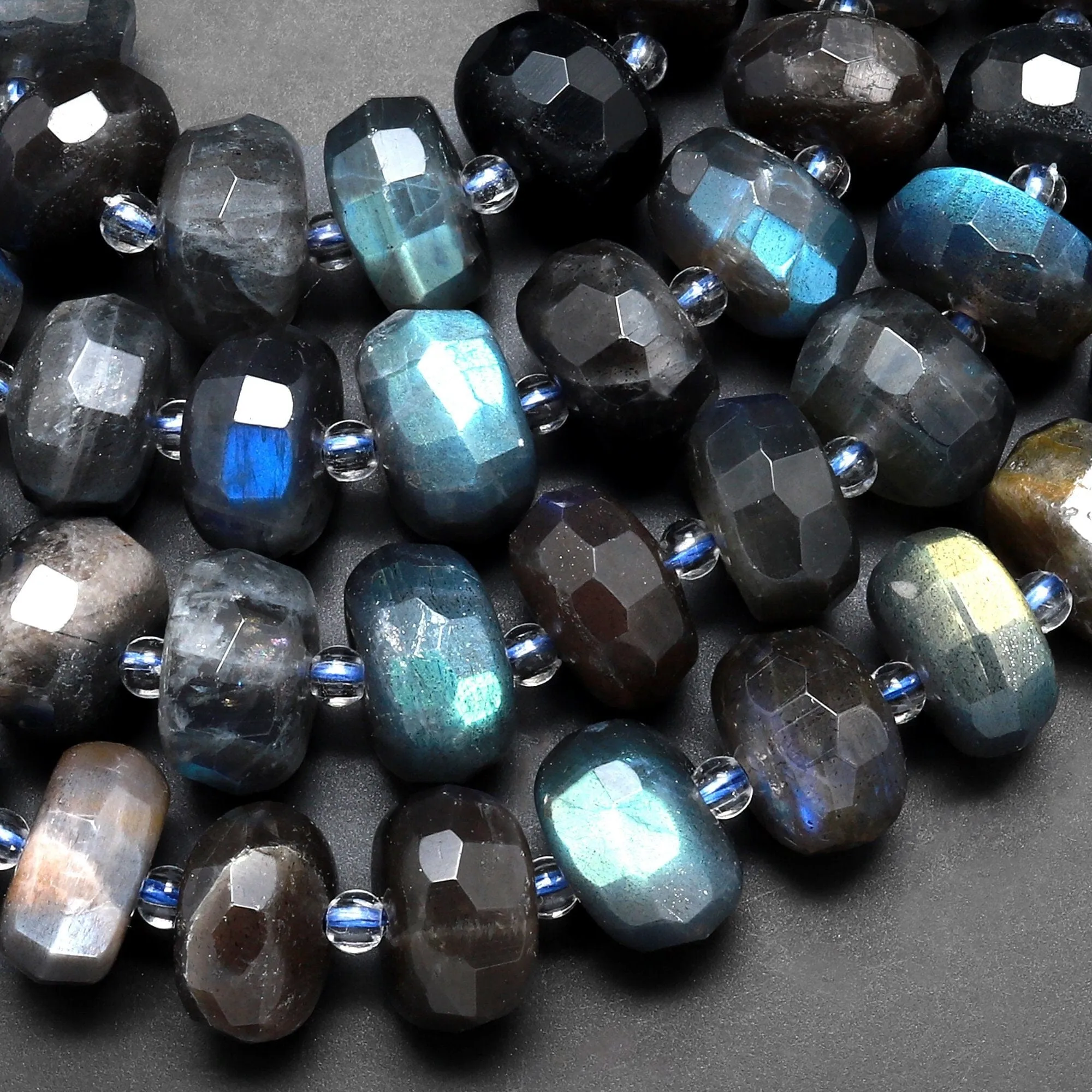 AAA Large Flashy Natural Dark Labradorite Faceted 12mm Rondelle Beads Tons of Rainbow Fire 15.5" Strand Strand