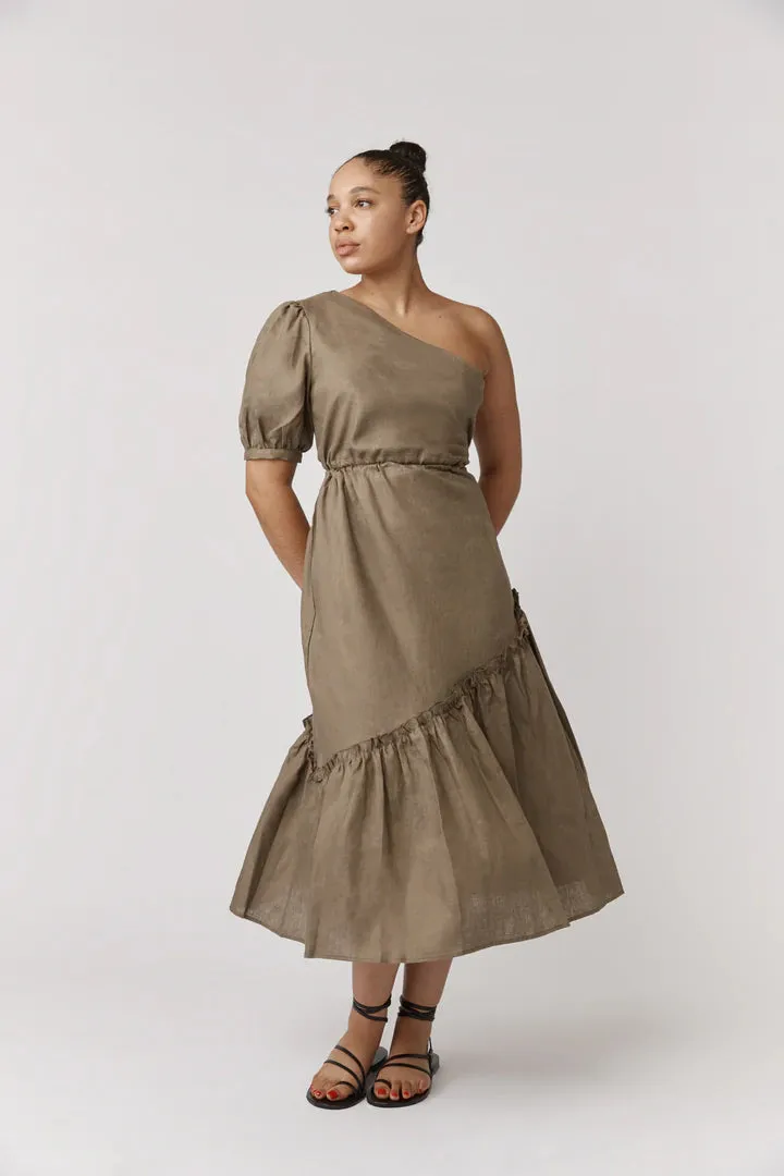 Alkam Eleanor One Shoulder Midi Dress -Khaki