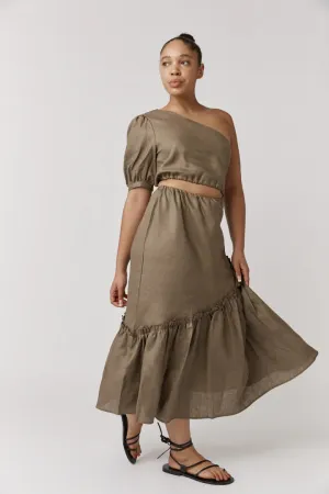 Alkam Eleanor One Shoulder Midi Dress -Khaki