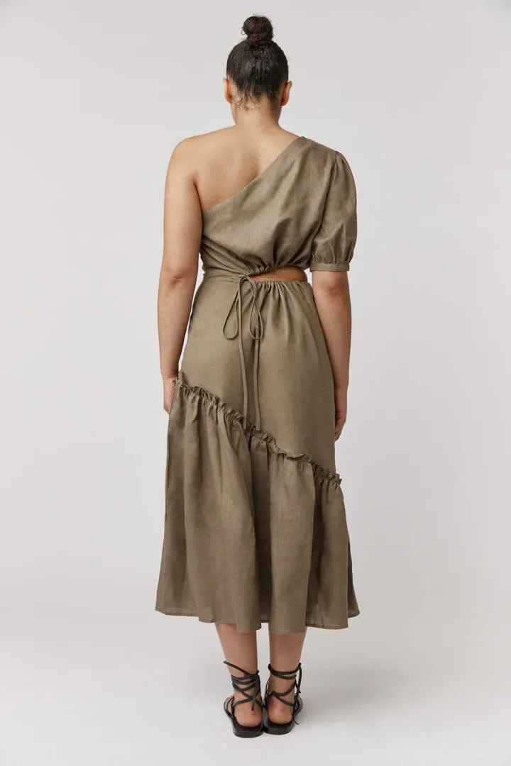 Alkam Eleanor One Shoulder Midi Dress -Khaki