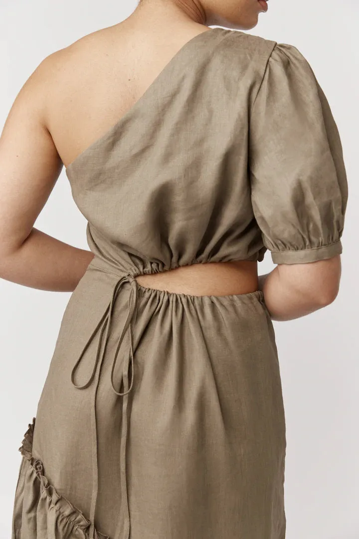 Alkam Eleanor One Shoulder Midi Dress -Khaki