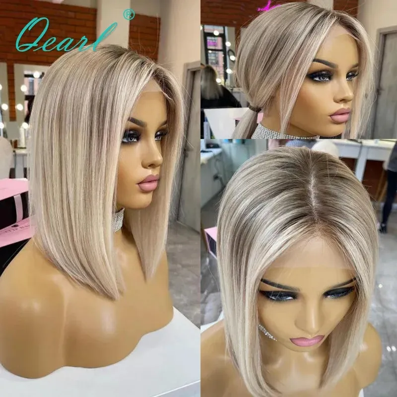 Ash Blonde Highlight Lace Front Wig Human Hair 360 Lace Frontal Wigs HD Transparent Short Straight Bob Wigs for Women Synthetic Heat Resistant