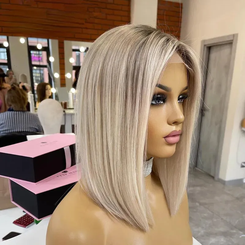 Ash Blonde Highlight Lace Front Wig Human Hair 360 Lace Frontal Wigs HD Transparent Short Straight Bob Wigs for Women Synthetic Heat Resistant