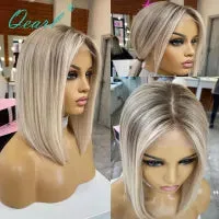 Ash Blonde Highlight Lace Front Wig Human Hair 360 Lace Frontal Wigs HD Transparent Short Straight Bob Wigs for Women Synthetic Heat Resistant