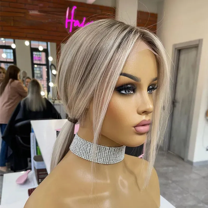 Ash Blonde Highlight Lace Front Wig Human Hair 360 Lace Frontal Wigs HD Transparent Short Straight Bob Wigs for Women Synthetic Heat Resistant