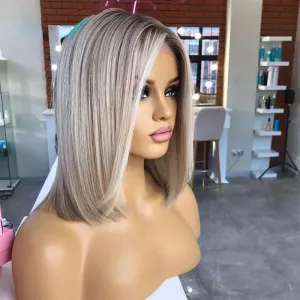 Ash Blonde Highlight Lace Front Wig Human Hair 360 Lace Frontal Wigs HD Transparent Short Straight Bob Wigs for Women Synthetic Heat Resistant