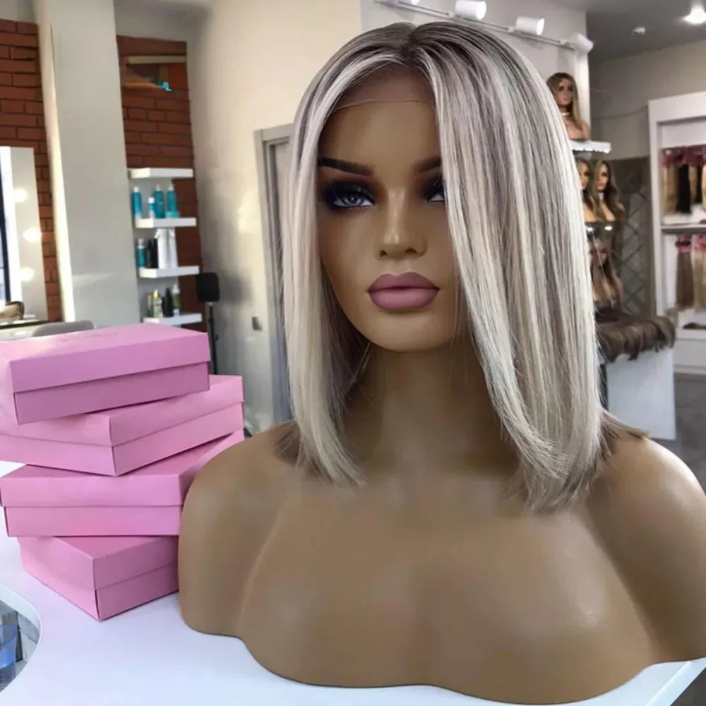 Ash Blonde Highlight Lace Front Wig Human Hair 360 Lace Frontal Wigs HD Transparent Short Straight Bob Wigs for Women Synthetic Heat Resistant