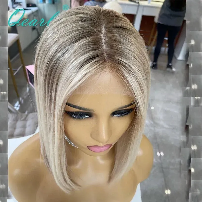 Ash Blonde Highlight Lace Front Wig Human Hair 360 Lace Frontal Wigs HD Transparent Short Straight Bob Wigs for Women Synthetic Heat Resistant