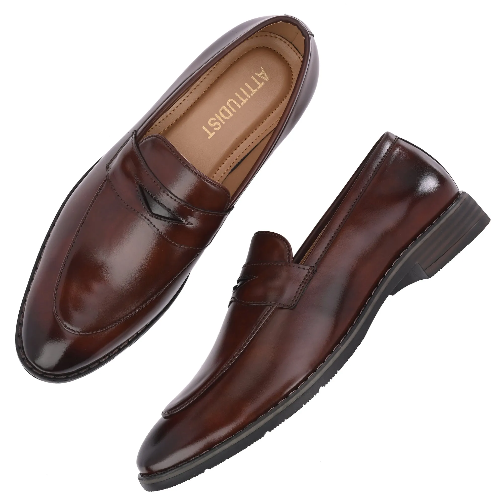 Attitudist Unisex Handcrafted Glossy Brown Penny Loafer With Double Stitched Welts