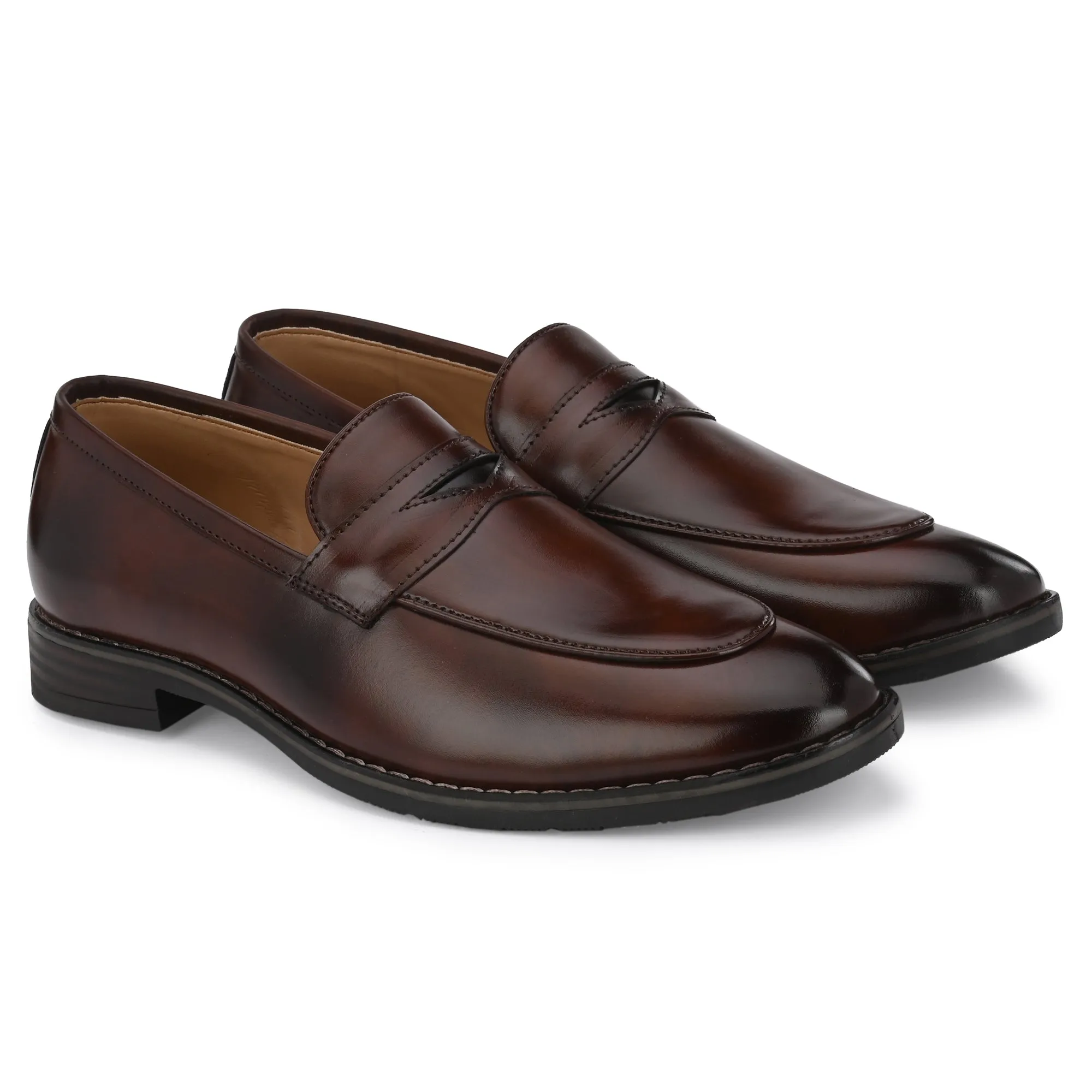 Attitudist Unisex Handcrafted Glossy Brown Penny Loafer With Double Stitched Welts