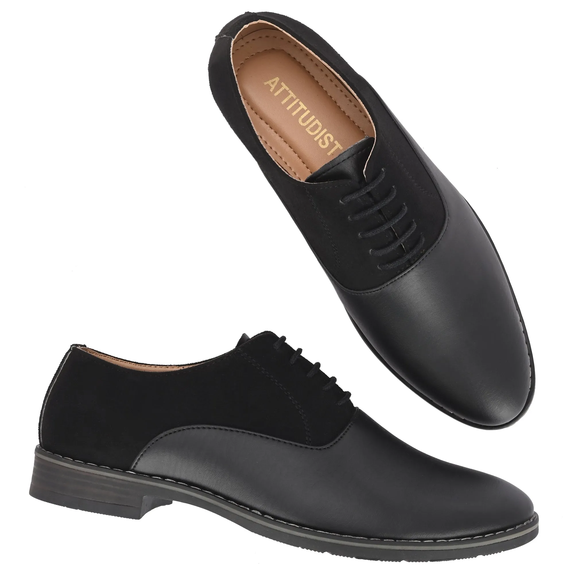 Attitudist Unisex Handcrafted Plain Oxford Matte Gradient Black Formal Derby Shoes With Round Toe