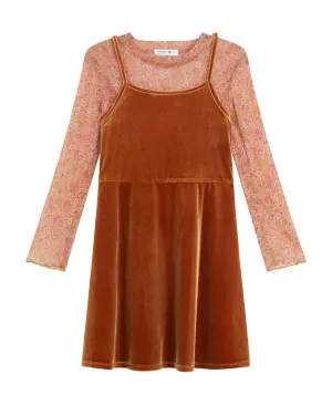 Beautees Big Girls Velvet Slip Dress with Floral Printed Mesh Top, 2-Piece Set - Mustard