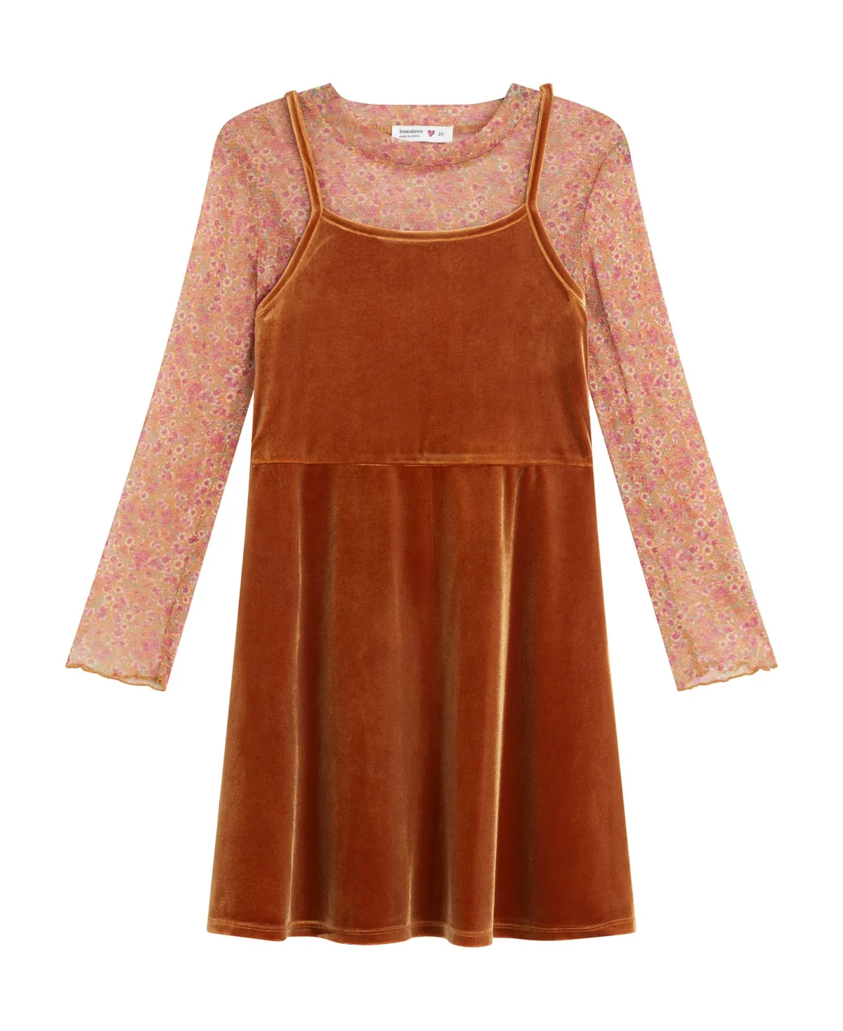 Beautees Big Girls Velvet Slip Dress with Floral Printed Mesh Top, 2-Piece Set - Mustard