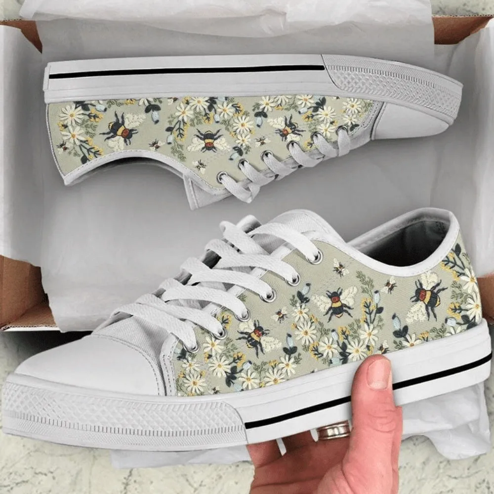 Bee Hand Embroidery Low Top Shoes Sneaker, Animal Print Canvas Shoes, Print On Canvas Shoes