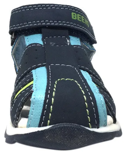 Beeko Boy's Eagle II Navy and Green Leather Single Hook and Loop Strap Fisherman Athletic Sandal