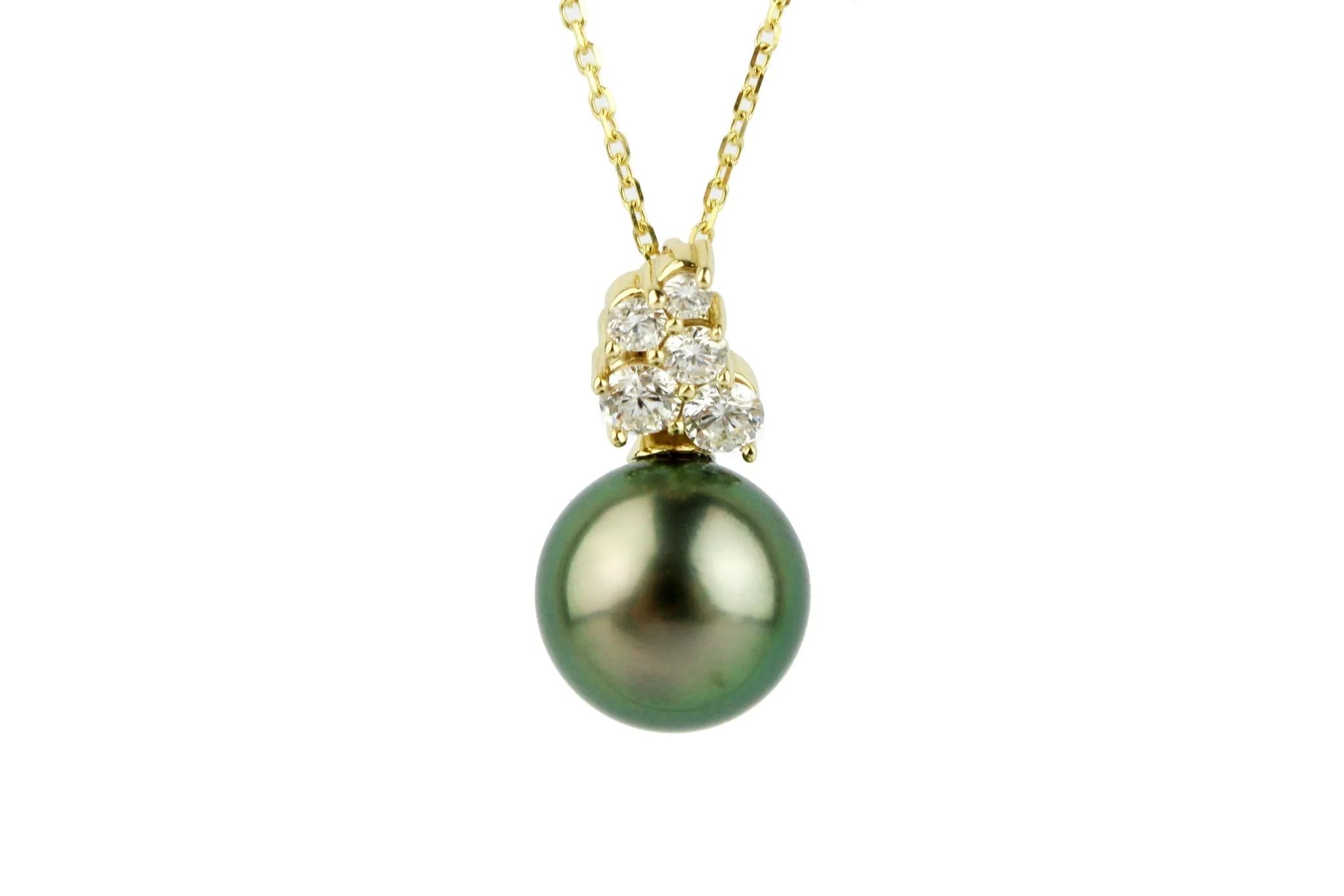 Bright Peacock Green Pearl & Diamond Asteria Pendant or Necklace on 14K Yellow Gold