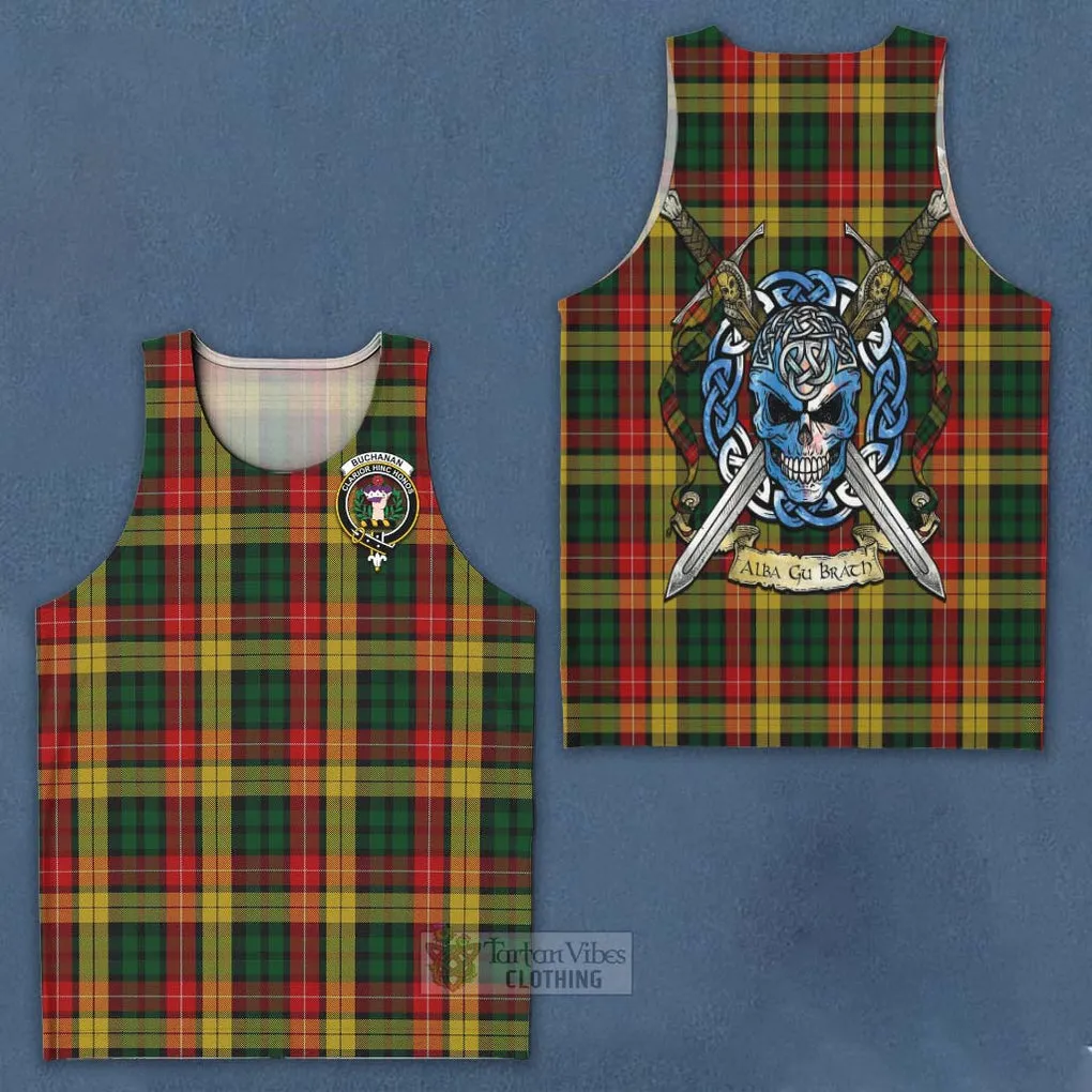 Buchanan Tartan Men's Tank Top with Family Crest Celtic Skull Style