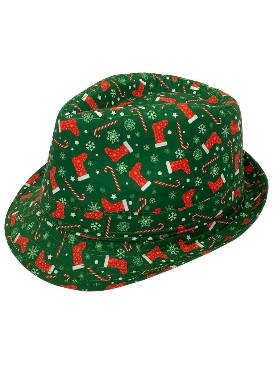 Christmas Print Adults Green Fedora Costume Hat