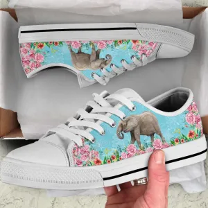 Colorful Elephant Flower Line Canvas Print Low Top Shoes, Animal Print Canvas Shoes, Print On Canvas Shoes