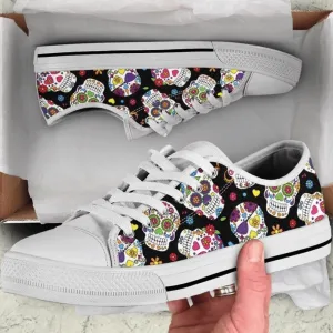 Colorful Sugar Skulls Black Low Top Shoes, Low Top Sneaker, Low Top Canvas Shoes