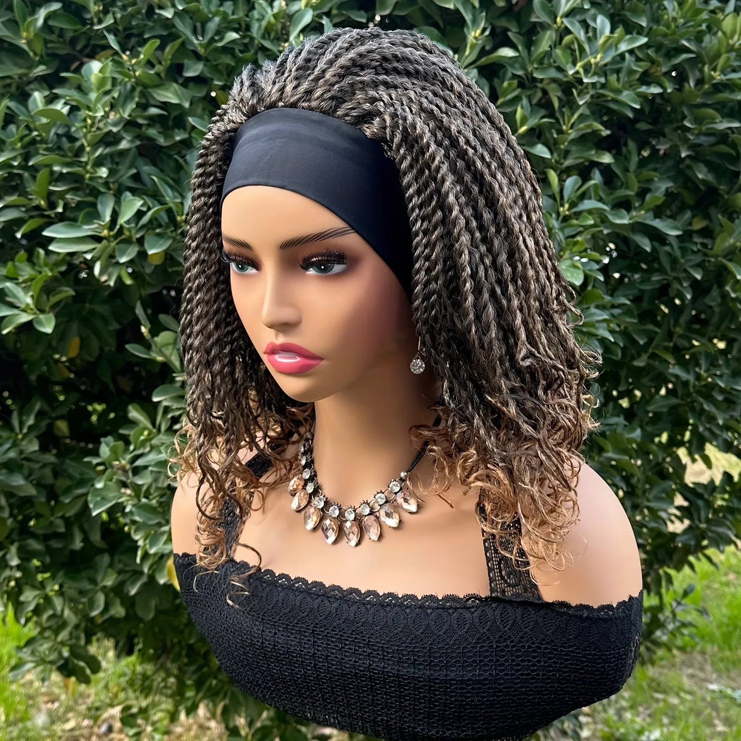 Curly Wave Short Braided Headband Wig - Heat Resistant Crochet Box Braided Hair, Rose Net Cap, Unisex Adult Basics, Machine Made, Synthetic Braiding Hair, Suitable for All People