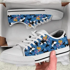 Cute Dolphins And Diving Girls Low Top Shoes, Animal Print Canvas Shoes, Print On Canvas Shoes