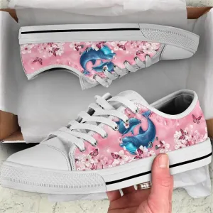 Dolphin Cherry Blossom Low Top Shoes, Animal Print Canvas Shoes, Print On Canvas Shoes