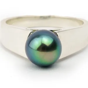 Electric Blue 8.7mm Tahitian Pearl Cathedral Ring (Unisex - Sterling silver)